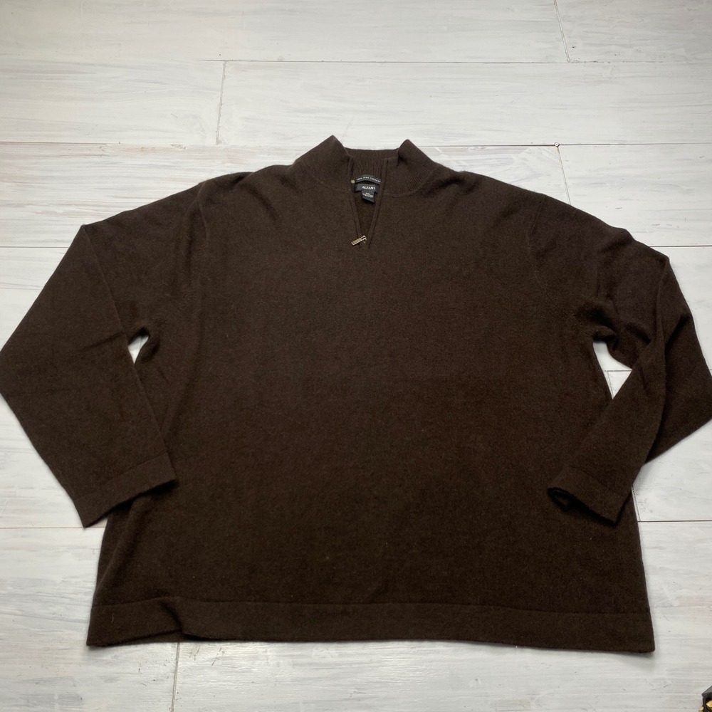 Alfani Cashmere Sweater Mens XXL Brown Quarter Zip Mock Neck Pullover Luxury